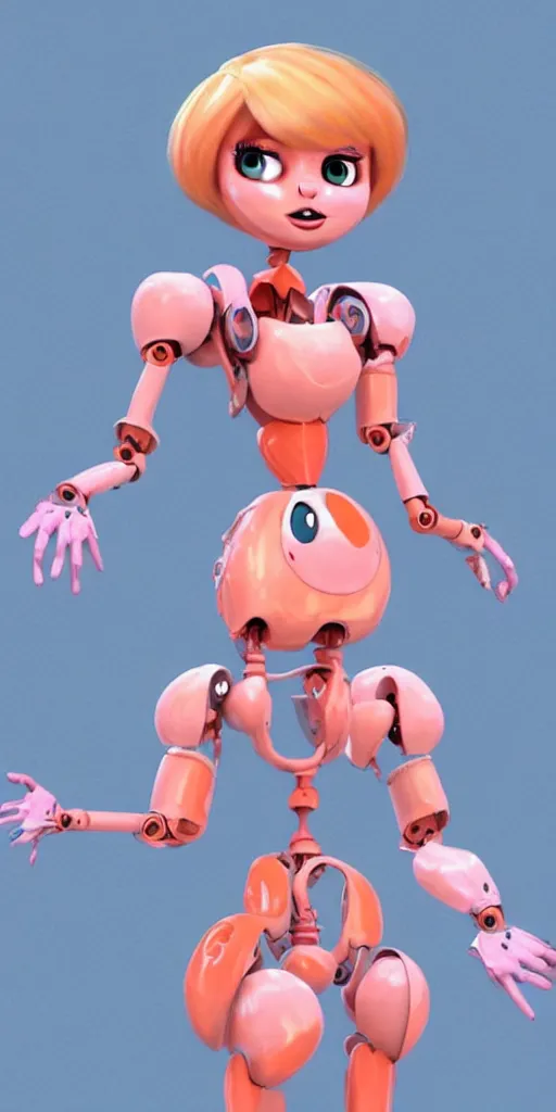 Image similar to very beautiful peach cartoon character robots need love