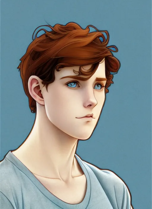 Image similar to art nouveau portrait of a teen boy with completely straight auburn hair, light blue eyes, pale skin, freckles, sad expression, t - shirt, modern casual clothing, natural lighting, path traced, highly detailed, high quality, cartoon, digital painting, by don bluth and ross tran and studio ghibli and alphonse mucha