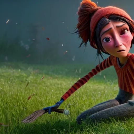 Image similar to a stopmotion animation character, a beautiful canadian woman, pulling weeds out frantically, some grey hair, stripey pants, octane render, 8 k, kubo and the two strings, jan svankmayer, disney, pixar,