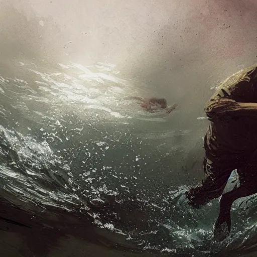 Prompt: a man swimming underwater in a zombie apocalypse by greg rutkowski