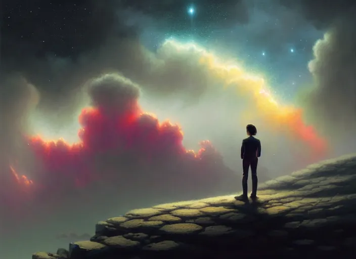 Prompt: black silhuette of a man standing on a gray dull cliff looking out into a colorful vibrant cosmos, clouds, stars, rings, nebula, beautiful lighting, magic, fantasy, vivid colors, intricate, elegant, cgsociety, artstation trending, oil painting by greg rutkowski, by artgerm, by wlop