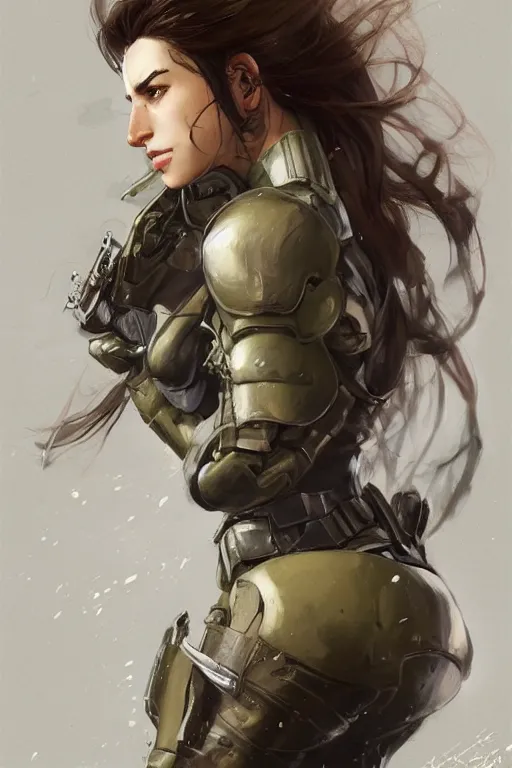 Image similar to a professionally painted portrait of an attractive young woman, clothed in military armor, olive skin, long dark hair, beautiful bone structure, symmetrical facial features, intricate, elegant, digital painting, trending on Artstation, concept art, smooth, sharp focus, illustration, from Metal Gear by Ruan Jia and Mandy Jurgens and Artgerm and William-Adolphe Bouguerea, award winning