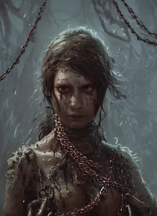 Image similar to A portrait of zombiefid women covered in chains by Greg Rutkowski, Sung Choi, Mitchell Mohrhauser, Maciej Kuciara, Johnson Ting, Maxim Verehin, Peter Konig, Bloodborne, 8k photorealistic, cinematic lighting, HD, high details, dramatic, atmospheric , trending on artstation