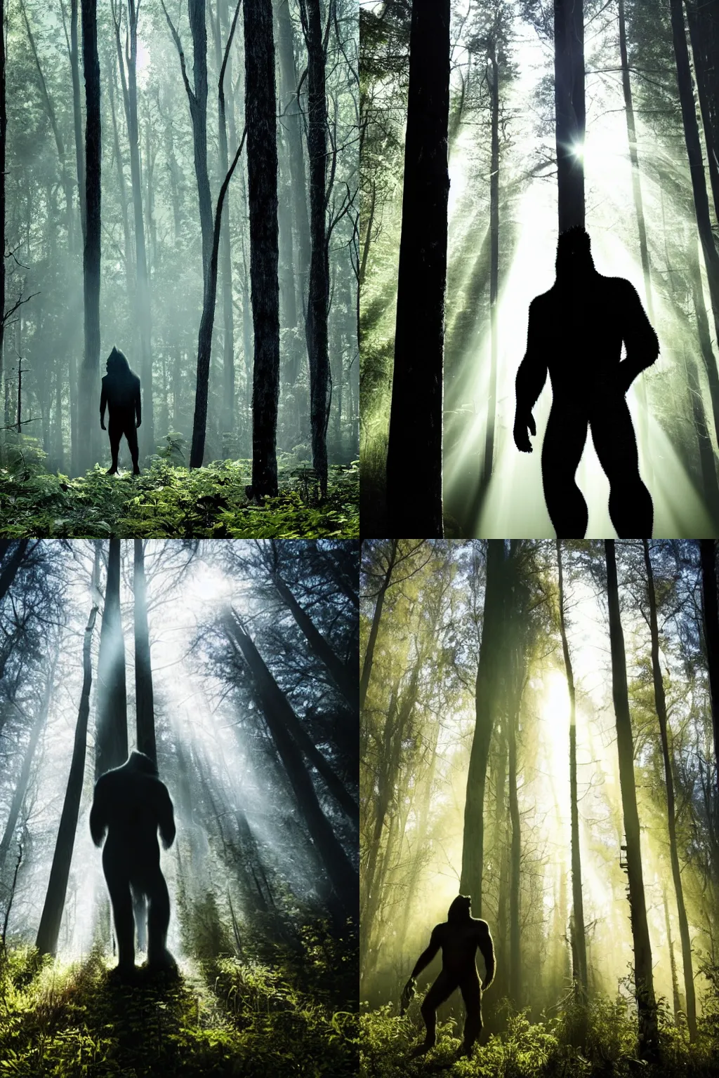 Prompt: Bigfoot standing menacingly in the middle of a clearing in a dark forest, sunbeams, fog, mysterious, ominous