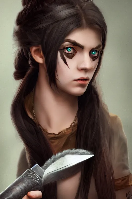 Image similar to hyper realistic, DnD portrait of a young thief girl with long dark hair and an eye path, holding a dagger between her teeth, masterpiece, trending on artstation, award-winning, 8k hq