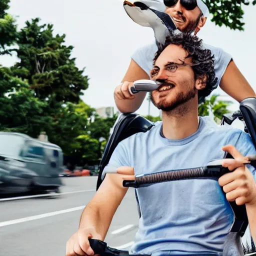 Prompt: Seagull perched on the head of a man riding an electric scooter