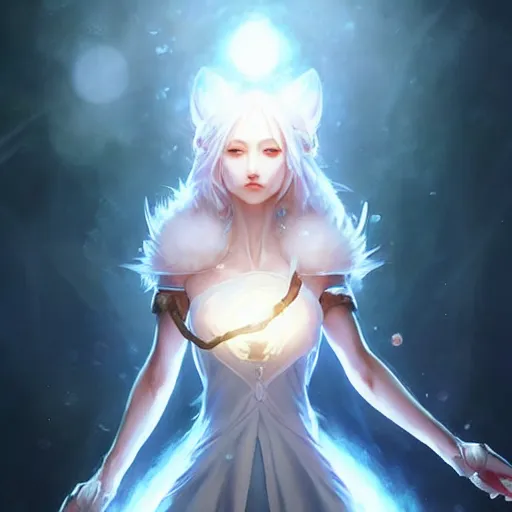 Image similar to a woman in a white dress holding a glowing ball | with nine white fox tails | a detailed painting by ross tran | wlop and stanley artgerm lau!!!!!!!!!!!!!!! | featured on deviantart | fantasy art | anime | 2 d game art | official art