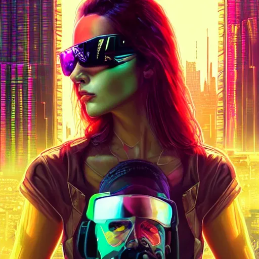 Image similar to epic portrait of cyberpunk Carpenter Charisma wearing mirrorshades, Night City, cyberpunk 2077, neon megacity in the background, angry and bored, illustration, soft lighting, soft details, painting oil on canvas by mark arian by artgerm, trending on artstation, 4k, 8k, HD