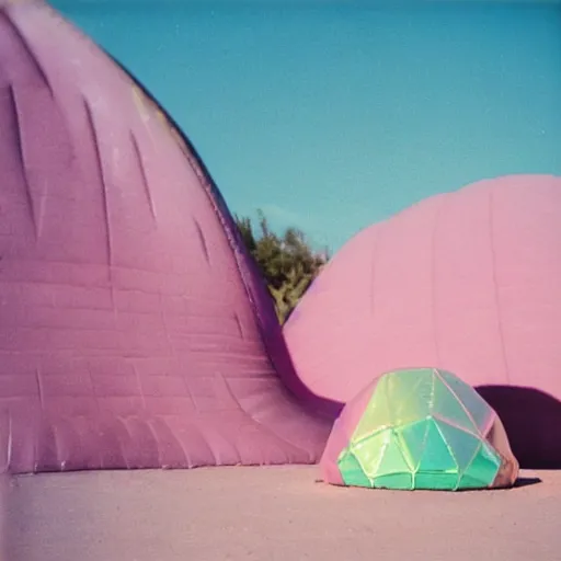 Image similar to a pastel colour high fidelity wide angle Polaroid art photo from a holiday album at a pink desert with abstract inflatable parachute furniture, all objects made of transparent iridescent Perspex and metallic silver, no people, iridescence, nostalgic