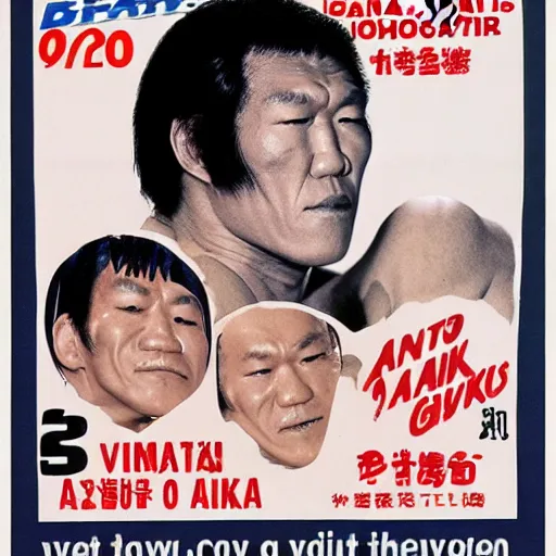 Prompt: advertisment poster for giant baba vs antonio inoki, 1 9 7 0, japan