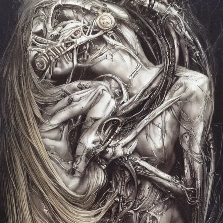 Prompt: beautiful biomechanical moon goddess, flowing hair, intense stare, sweet smile, concept art, realistic oil painting by h. r giger,