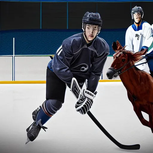 Image similar to photo realistic hockey player riding a horse, realistic, award winning, cinematic