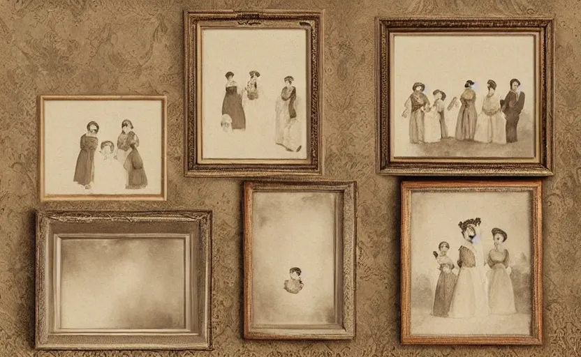 Image similar to 19th century storybook illustration of family photo portraits in picture frames on a wall, line art, water color, sepia tints