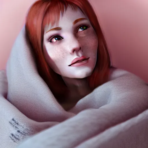 Image similar to portrait of a cute thin young woman, red blush, cute freckles wearing casual clothes, small smile, relaxing on a couch, cozy under a blanket, cozy living room, close up shot, 8 k, octane render, trending on artstation, art by artgerm and irakli nadar,, hyperrealism, hyperdetailed, ultra realistic