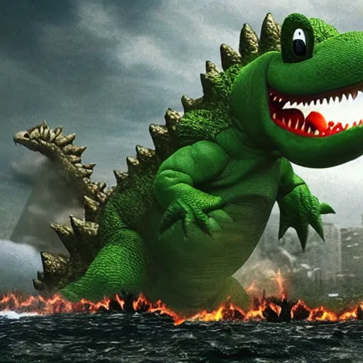 Image similar to yoshi vs godzilla