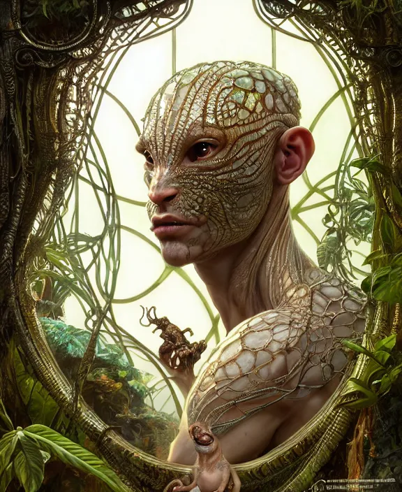 Image similar to intricate ornate opulent transparent clear see - through portrait of a terrifying beautiful male alien rat, mottled coloring, adorable, childlike, overgrown jungle environment, ultra realistic, concept art, art nouveau, photorealistic, octane render, 8 k, unreal engine. art by christopher marley and artgerm and greg rutkowski and alphonse mucha