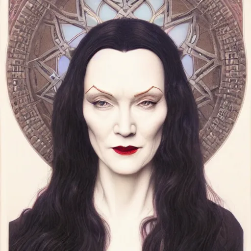 Image similar to catherine o'hara as morticia addams, masterpiece, intricate, elegant, highly detailed, digital painting, artstation, concept art, smooth, sharp focus, illustration, art by artgerm and greg rutkowski and alphonse mucha and uang guangjian and gil elvgren and sachin teng, symmetry!!