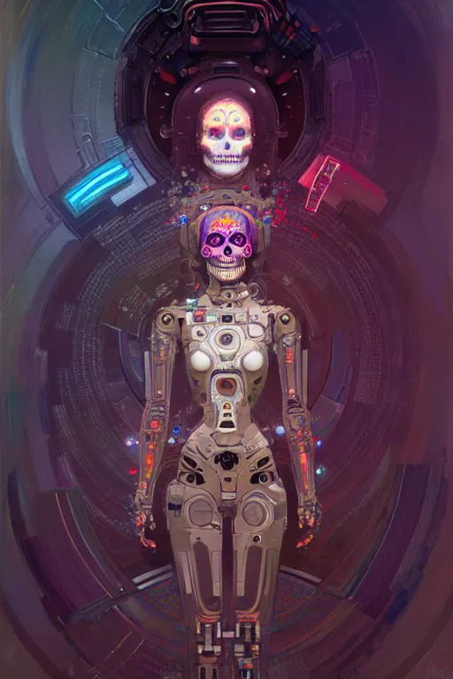 Image similar to ultra detailed, the creation of a female android, sci - fi, triadic color scheme, ( dia de los muertos ), asymmetrical, intricate concept art, art by godmachine and michael welan and dzo and greg rutkowski and alphonse mucha and loish and wlop