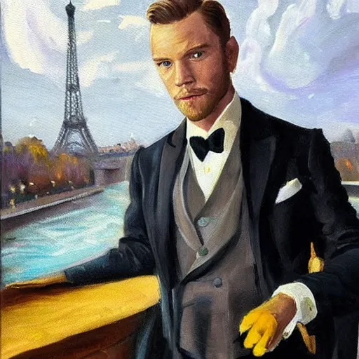 Image similar to mcgregor is dressed as a gentleman at early 2 0 th century paris. he is watching an easel. that easel has a canvas on it. ewan mcgregor has a brush on his hand. he is painting a painting. there is a small brown cat with yellow eyes on ewan mcgregors feet. on background has river seine, morning sun, dark clouds, lightning, dc comics