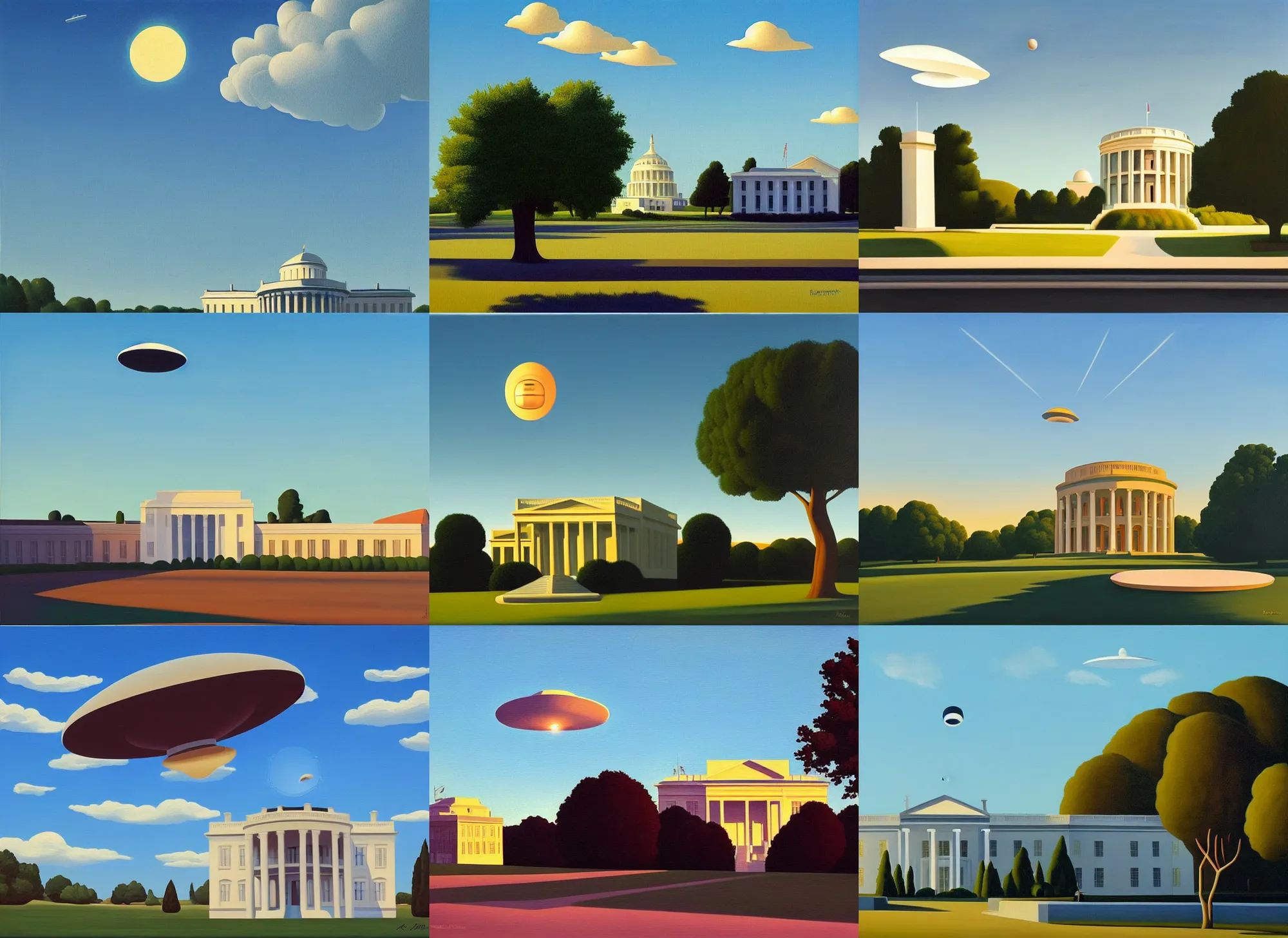 Prompt: ufo over the whitehouse, blue sky, summer evening, a painting by kenton nelson