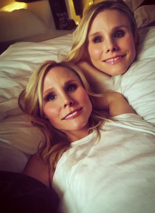 Prompt: ( first person view, my pov )!!!!!!!!, kristen bell on my bed looking at me, on my bed