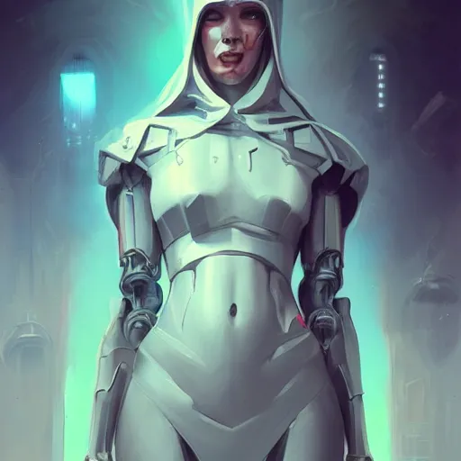 Image similar to a portrait of a beautiful cybernetic nun, cyberpunk concept art by pete mohrbacher and wlop and artgerm and josan gonzales, digital art, highly detailed, intricate, sci-fi, sharp focus, Trending on Artstation HQ, deviantart, unreal engine 5, 4K UHD image