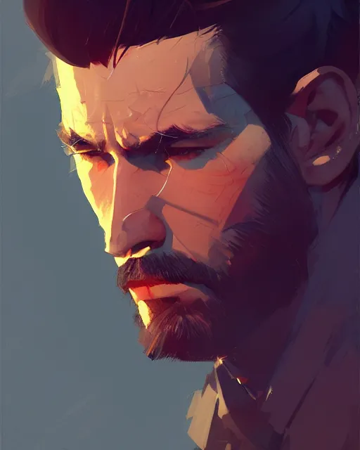 Prompt: a handsome man, rugged, masculine, sharp jaw, portrait by ilya kuvshinov, greg rutkowski, wlop, james jean, victo ngai, beautifully lit, muted colors, highly detailed, artstation, fantasy art by craig mullins