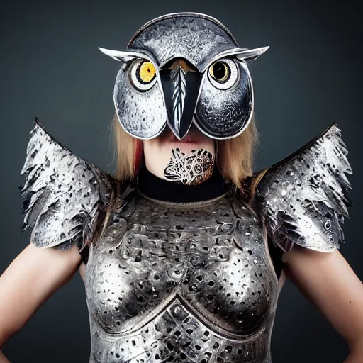 Prompt: photo woman in metal owl armour