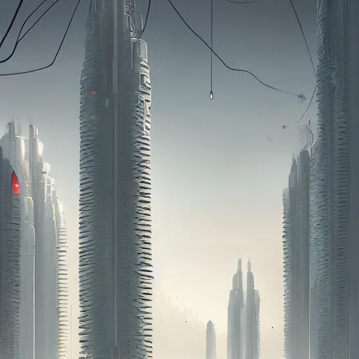 Image similar to tall futuristic buildings by Raphael Lacoste and Simon Stålenhag