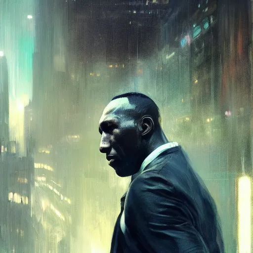 Image similar to mahershala ali, hyperrealistic portrait, bladerunner street, art of elysium by jeremy mann and alphonse mucha, fantasy art, photo realistic, dynamic lighting, artstation, poster, volumetric lighting, very detailed face, 4 k, award winning