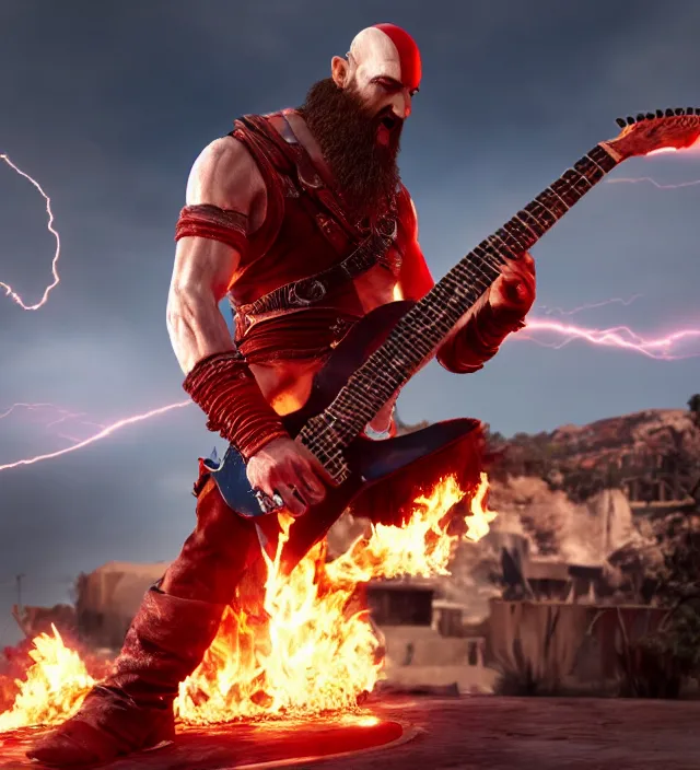 Prompt: sunglasses kratos shredding on a flaming stratocaster guitar, cinematic render, god of war 2 0 1 8, santa monica studio official media, lightning, stripe over eye