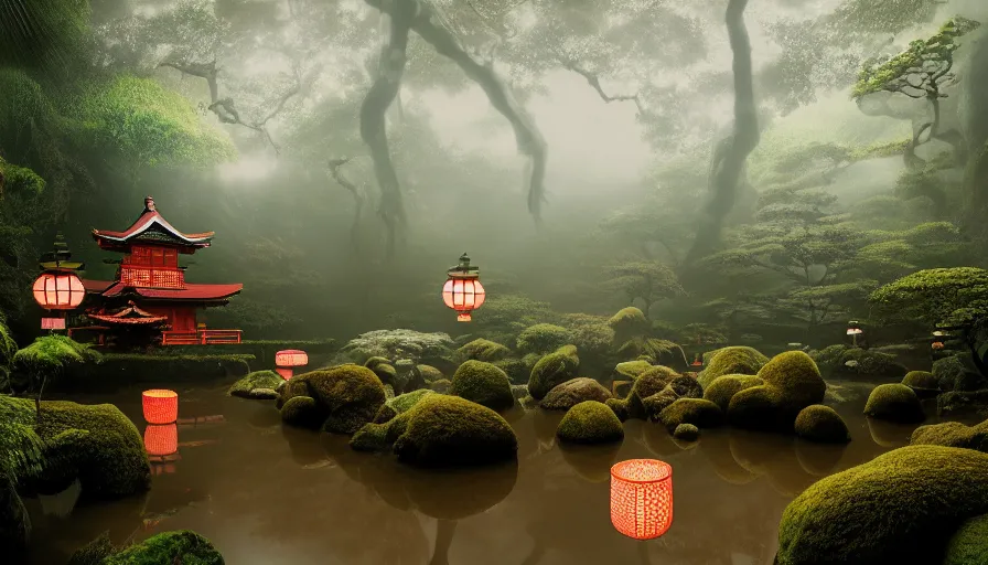 Image similar to a very cozy and surreal magical Japanese temple in a lush waterfall garden, in the style of Gucci and Wes Anderson, photographed by Petra Collins, glowing lights and floating lanterns, foggy atmosphere, rainy, moody, muted colors, magic details, very detailed, 8k, cinematic look