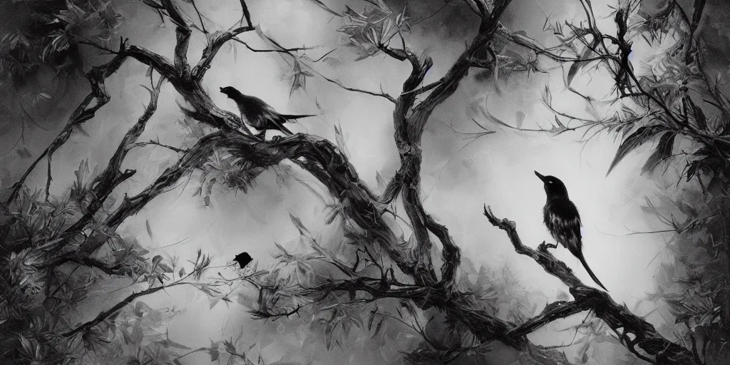 Prompt: highly detailed beautiful black and white oil painting, birds, hand gesture, branches and foliage, beauty, dark, masterpiece, art by durero, riccardo federici, james jean, craig mullins, alphonse musha, illustration, draw, spatula, splash