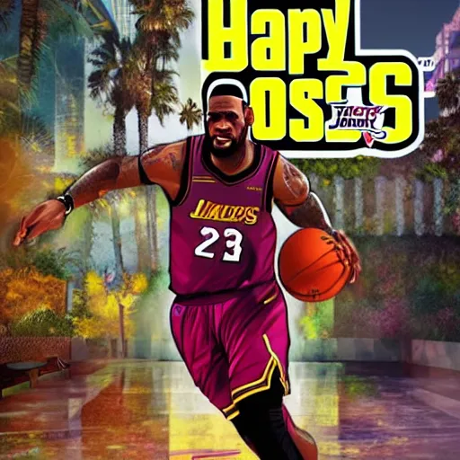 Image similar to happy lebron james, gta v cover art, art by stephen bliss, matte painting