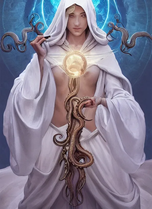 Prompt: holy cephalopod with long flowing white robe angelic wings and a single large knowing eye with long powerful tentacles, highly detailed, digital painting, artstation, concept art, matte, sharp focus, illustration, dramatic, sunset,hearthstone, art by Artgerm and Greg Rutkowski and Alphonse Mucha