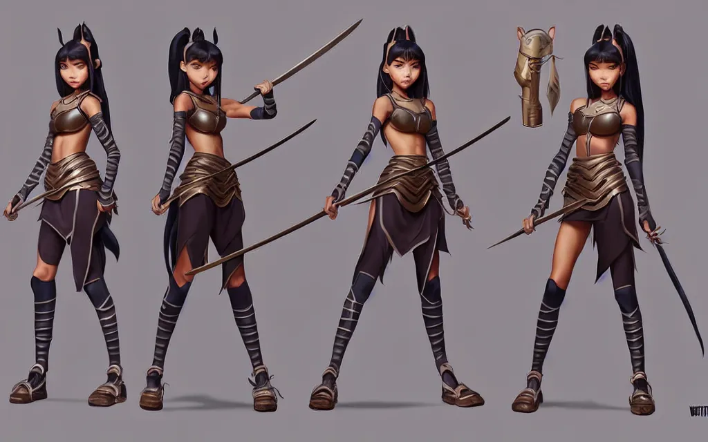 Image similar to weta disney pixar movie character sheet of madison beer : : as samurai warrior catgirl by pixar : : by weta, greg rutkowski, wlop, ilya kuvshinov, rossdraws, artgerm, marvel, character sheet, rave outfit, unreal engine, pearlescent, bright morning, anime