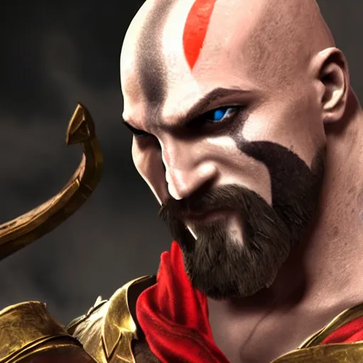 Prompt: Kratos as a character in the game League of Legends, with a background based on the game League of Legends, detailed face