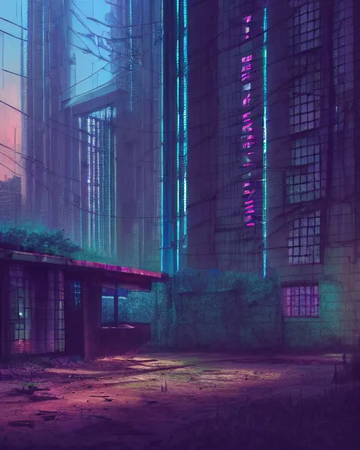 Image similar to a beautiful photorealistic illustration of architecture nature jail abandoned by odile decq, vaporwave postcyberpunk at dawn at dusk, archdaily, wallpaper, highly detailed, trending on artstation.