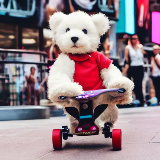 Prompt: a teddy puppy on a skateboard in times square