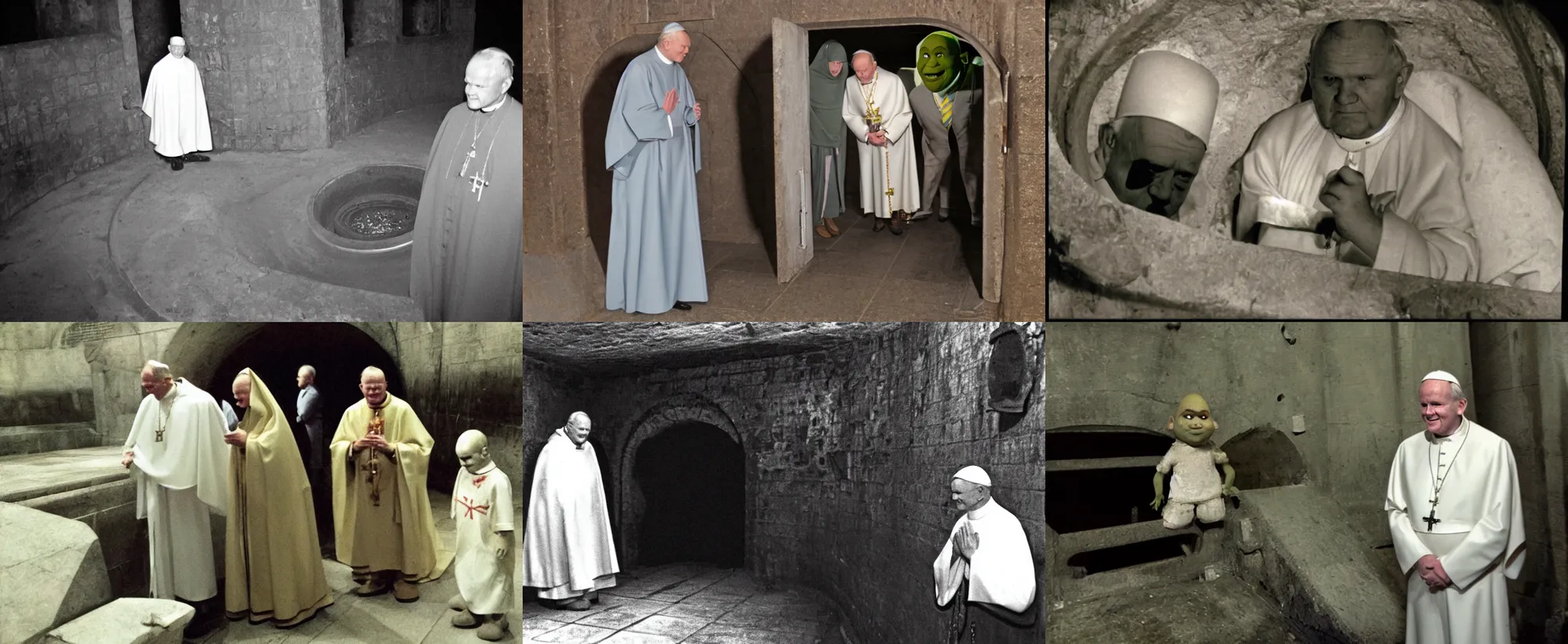 Prompt: john paul II in in the sewers with shrek, creppy photo