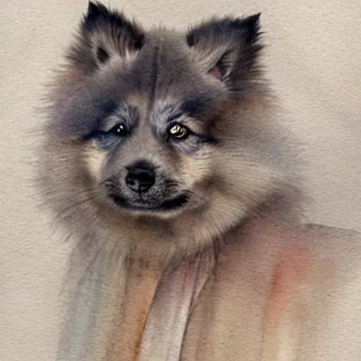 Image similar to a keeshond puppy watercolor painting by jean - baptiste monge, muted colors