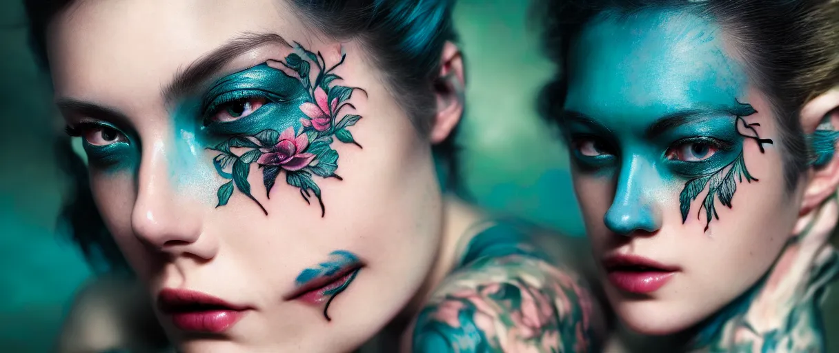 Image similar to hyperrealistic hyper detailed close-up side portrait of gorgeous woman covered in rococo flower tattoos matte painting concept art hannah yata very dramatic dark teal lighting low angle hd 8k sharp 35mm shallow depth of field