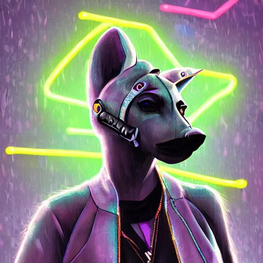 Image similar to digital painting of anthromorphic hyena female, fursona, furry fandom, neon rainy cyberpunk setting, anthro, wearing cyberpunk leather jacket, detailed face,