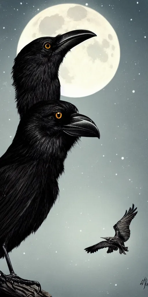 Prompt: close up portrait, crow in front of the full big moon, fantasy digital art, high definition, 8k, high details, high quality, golden and silver colors