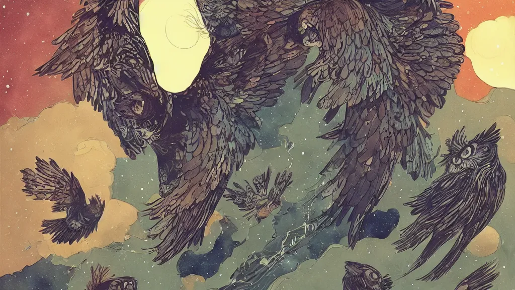 Prompt: ilya kuvshinov, mcbess, rutkowski, victo ngai, james jean, john william waterhouse, watercolor illustration of owls flying at night, northern lights, colorful, mural, deep shadows, astrophotography, highly detailed