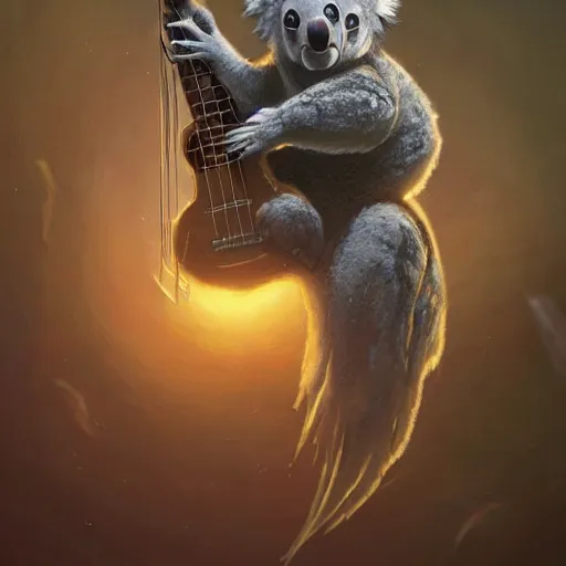 Prompt: Koala playing a guitar, highly detailed, fantasy art, in the style of greg rutkowski, illustration, epic, fantasy, intricate, hyper detailed, artstation, concept art, smooth, sharp focus, ray tracing