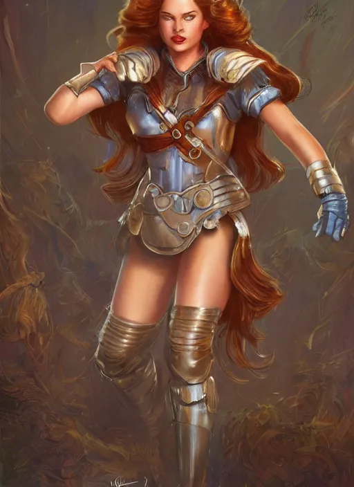 Image similar to beautiful female dorothy gale, rebecca romijn as dorothy, full body character concept, full leather armor, super powers, fantasy, intricate, elegant, highly detailed, digital painting, artstation, concept art, shining, sharp focus, illustration, art by stanley lau