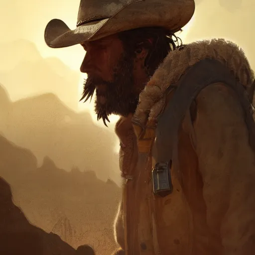 Prompt: a cowboy wandering the wasteland alone, au naturel, hyper detailed, digital art, trending in artstation, cinematic lighting, studio quality, smooth render, unreal engine 5 rendered, octane rendered, art style by klimt and nixeu and ian sprigger and wlop and krenz cushart