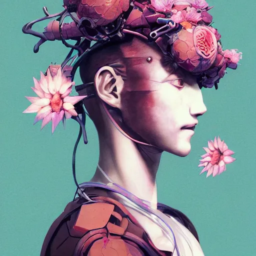 Prompt: surreal gouache painting, by yoshitaka amano, by ruan jia, by conrad roset, by Kilian Eng, by good smile company, detailed anime 3d render of a mechanical android head with flowers growing out, portrait, cgsociety, artstation, modular patterned mechanical costume and headpiece, retrowave atmosphere