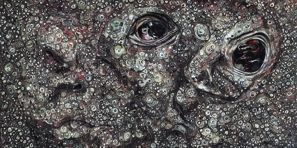 Image similar to camo made of eyes, technical, acrylic, teeth, eerie, tribal, clay, dotting, lines, stipple, points, cybernetic, style of old painting, francis bacon art, swirly eyes, hypnosis, eerie, terror, oil, neon, black and white, splotches, colorful dots, ominous,